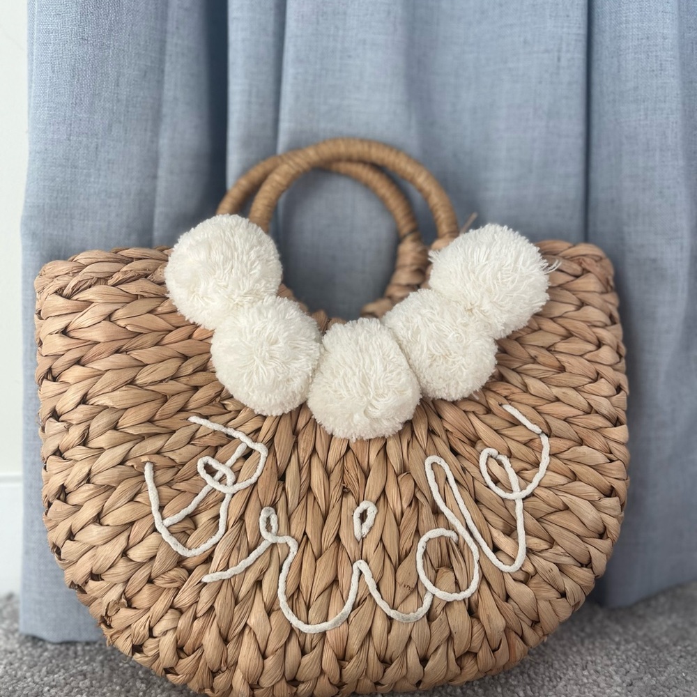 BRIDE Beige Woven Tote Bag with White Pom Poms
